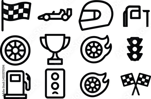 Black Vector Silhouettes of Motorsports Icons – Adjustable Line Weight Racing and Competition Symbol Set on White Background