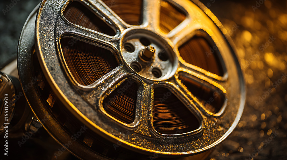 Obraz premium Vibrant red ribbon flowing in dynamic abstract motion with vintage film reel close-up, showcasing celluloid texture under warm tungsten lighting highlighting cinematic metal details.