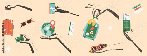 Travel collage with photocopy hand and flat tourism elements. Human arms palm holding suitcase, location map pin, globe, tickets. Luggage, sunglasses. Vector journey collection illustration isolated.