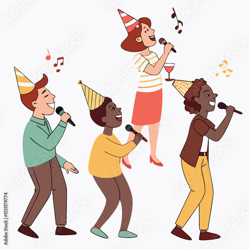 Festive gathering: Friends joyfully singing karaoke at a celebratory event