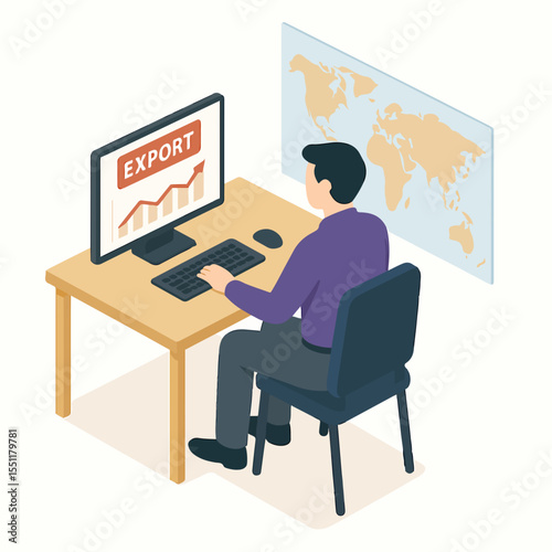 Isometric Illustration Businessman Working with Computer on Export Business in Office