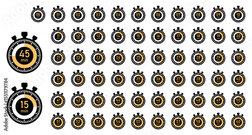 Countdown stopwatch icons from 1 to 60 minutes. Circular timers with numeric labels and progress segments, ideal for time tracking, sports, and fitness designs.