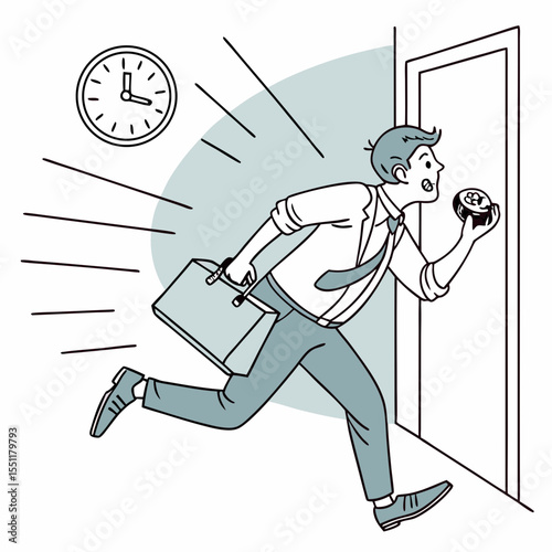 Cartoon illustration of a businessman rushing late with a donut in hand