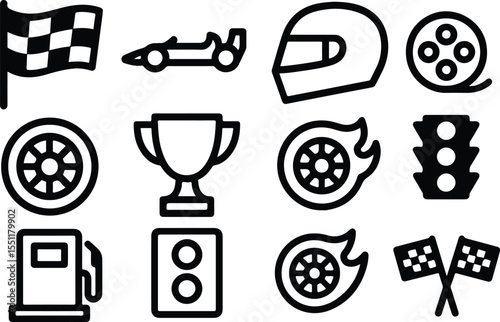 Black Vector Silhouettes of Motorsports Icons – Adjustable Line Weight Racing and Competition Symbol Set on White Background