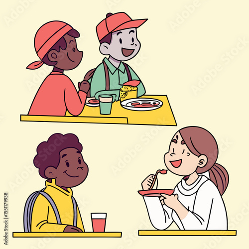Diverse children cheerfully enjoying a meal together in a colorful illustration