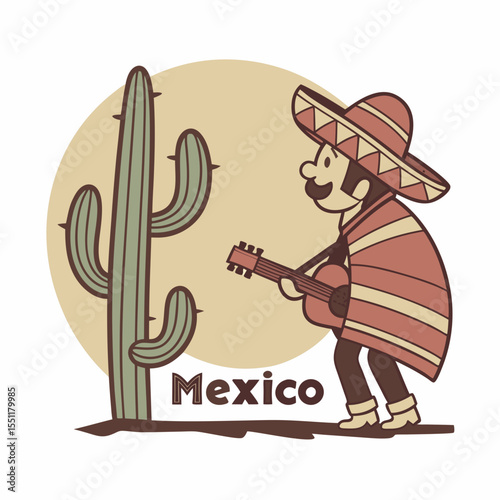 Cartoon depiction of a traditional Mexican musician serenading a cactus landscape
