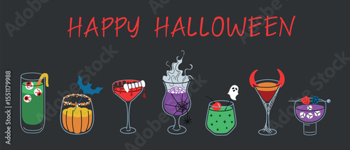 Flat cartoon vector illustration of Halloween cocktail collection with spooky drinks, creepy garnishes and handwritten Happy Halloween lettering. Themed beverages for party decor, celebration graphics