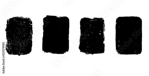 Rectangles ink callouts frames. Ink grunge text boxes set. Linocut rolled paint black tag. Vector handmade brayer stamp smudged texture. Rough paint decorative irregular border.