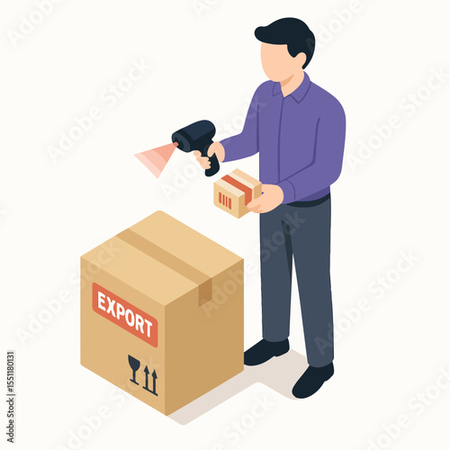 Isometric Man Scanning Barcode on Cardboard Box Logistics Illustration