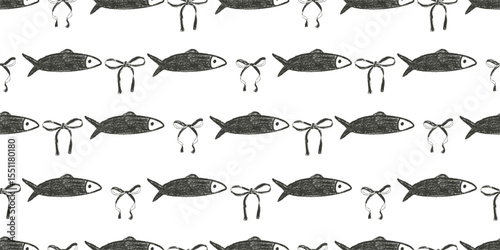 Pencil fish seamless pattern. Sardines hand drawn endless background. Nautical repeat cover. Sea continuous ornament. Surface pattern design water motif. Vector illustration.