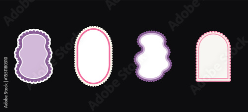 Social media funky frames. Set of kid borders with scallop wavy edges. Text boxes, callout templates for invitation. Ellipse, arch and liquid organic geometric shapes. Vector abstract doodles cadres.