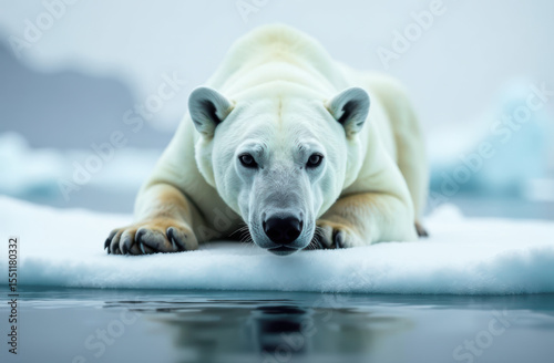polar bear sits on a block of ice in the sea ice