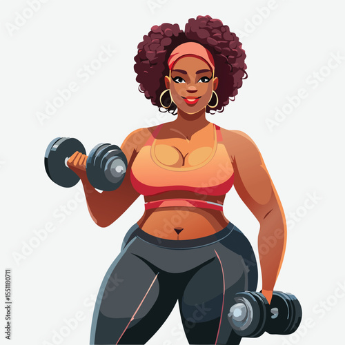 Plus-size female athlete lifting weights at the gym, realistic vector style, activewear, strong confident expression