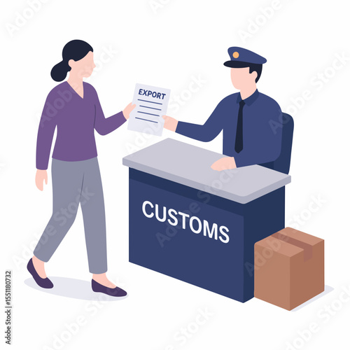 Isometric Illustration of Woman Handing Document at Customs Inspection Desk