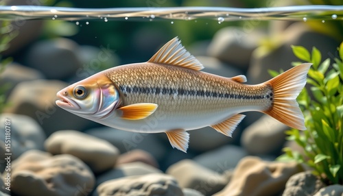 stock photo, 3d render of a stylized fish swimming in clean, clear water, representing healthy aquatic ecosystems, sharp focus, with absolutely no text, no logos, no letters, no words, not blurry.