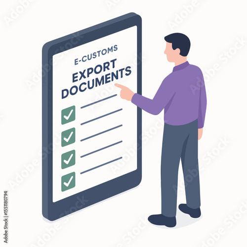 Isometric Flat Illustration Export Document on Tablet with Man Character