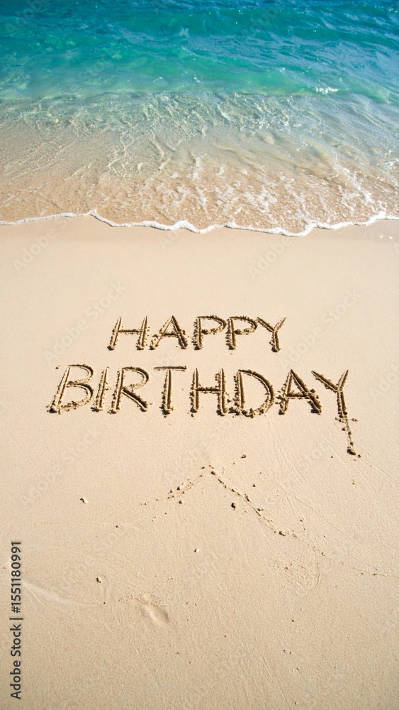 Fototapeta premium Beach Sand Written 'Happy Birthday' with Slow Waves 