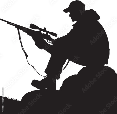 Hunter Sitting on Rock Resting Silhouette Vector.new 2025 trendy
