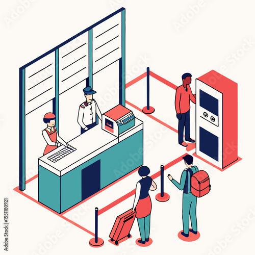 Isometric view showcasing airport check-in area with passengers and staff interactions