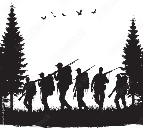 Hunting Party in Forest Silhouette.
Hunting Group Walking with Rifles and Backpacks Silhouette vector new 2025 trendy
