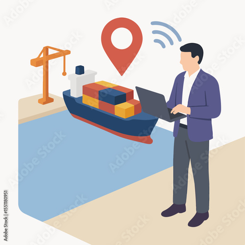 Flat Illustration Man Tracking Cargo Ship Location with Laptop Technology