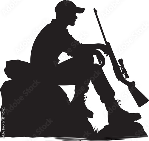 Hunter with Scoped Rifle Resting Silhouette.
Hunter Sitting on Rock Resting Silhouette Vector.new 2025 trendy