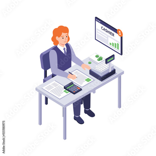 Isometric Detailed Accountant Workspace with Woman Calculating Finances Illustration