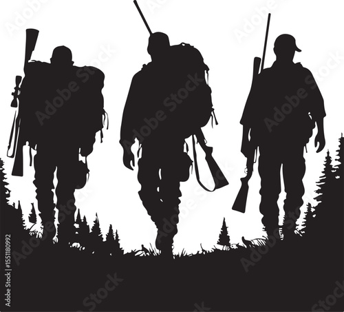 Silhouette of Hunting Group Walking with Rifles and Backpacks vector.
Hunting Team Trekking Silhouette new 2025 trendy