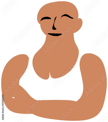 Simplified flat illustration of a bald muscular man with crossed arms.
