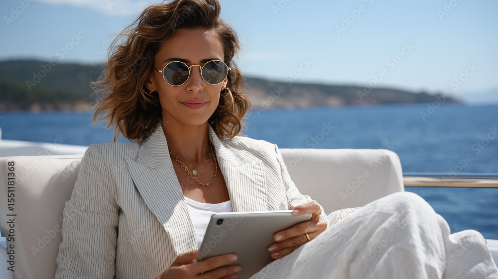 Beautiful woman in sunglasses using tablet pc on yacht at seaside Beautiful woman in sunglasses using tablet pc on yacht at seaside
