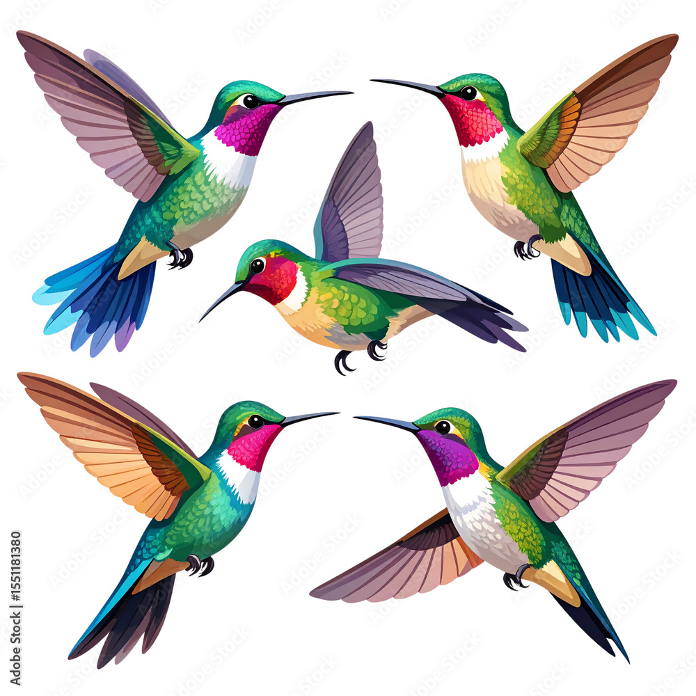 Fototapeta premium Flat Vector Set of Flying Hummingbirds in Dynamic Poses, Isolated on Transparent or White Background png