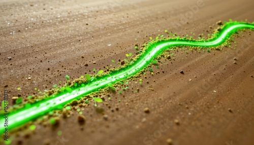 stock photo, abstract concept of a corporation's supply chain becoming green, visualized as a brown line transforming into a glowing green line, sharp focus, with absolutely no text, no logos