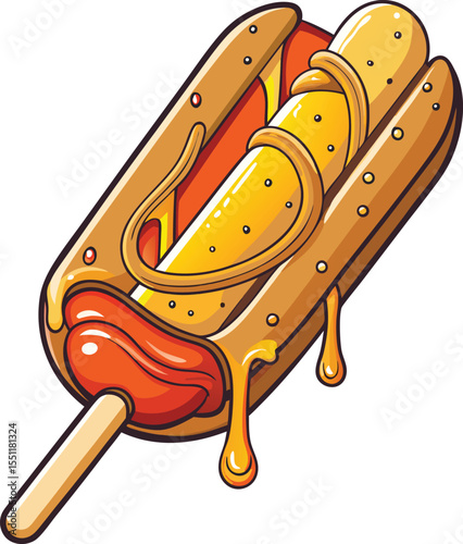Cartoon Illustration of a Corn Dog on a Stick,  Crispy Fairground Snack Vector Clipart. Cartoon Hot Dog on a Stick with Mustard & Ketchup Drips. new 2025 trendy