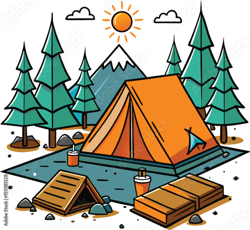  Cartoon Illustration of a Campsite with Two Canvas Tents,  Outdoor Adventure Vector Scene. new 2025 trendy