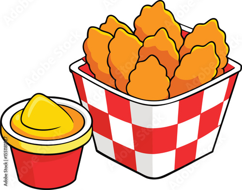 Cartoon Illustration of a Red and White Checkered Food Box,  Takeout Packaging Vector Art. Crispy Chicken Nuggets in Basket with Dipping Sauce,  Fast Food Vector new 2025 trendy