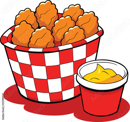 Cartoon Illustration of Chicken Fries in Red and White Checkered Box,  Fast Food Snack Vector Art. Crispy Chicken Nuggets Basket with Sauce,  Fast Food Cartoon. new 2025 trendy