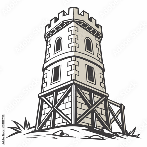 Elevated stronghold architecture illustration on a grassy hill setting