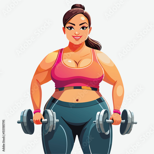 Plus-size female athlete lifting weights at the gym, realistic vector style, activewear, strong confident expression