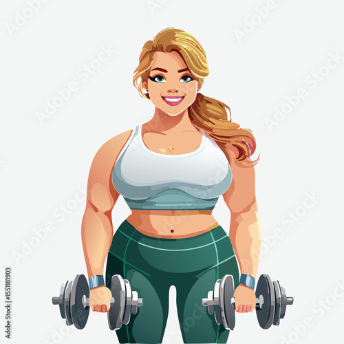 Plus-size female athlete lifting weights at the gym, realistic vector style, activewear, strong confident expression
