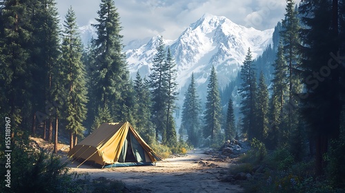 A tent in a forest with snow capped mountains view