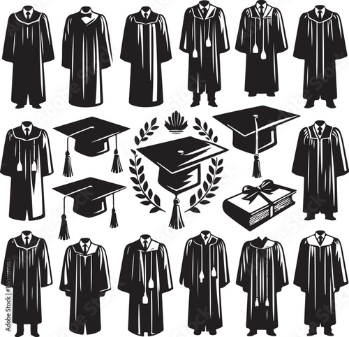 Graduation Gowns and Caps Collection Vector Set.new 2025 trendy
