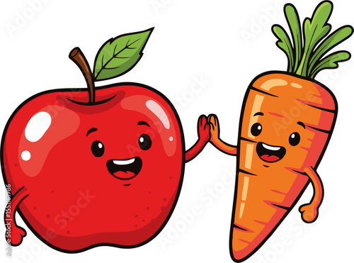 Happy Cartoon Apple and Carrot Giving a High Five