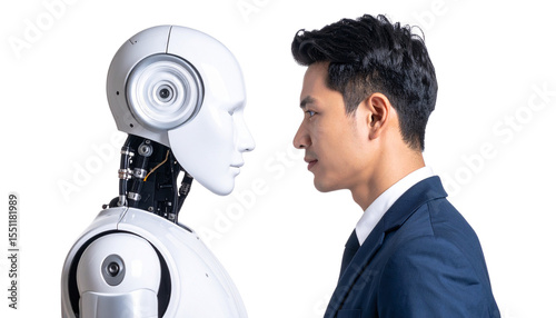 Human and Robot Sharing Eye Contact with Mutual Respect isolated on white background. Png
