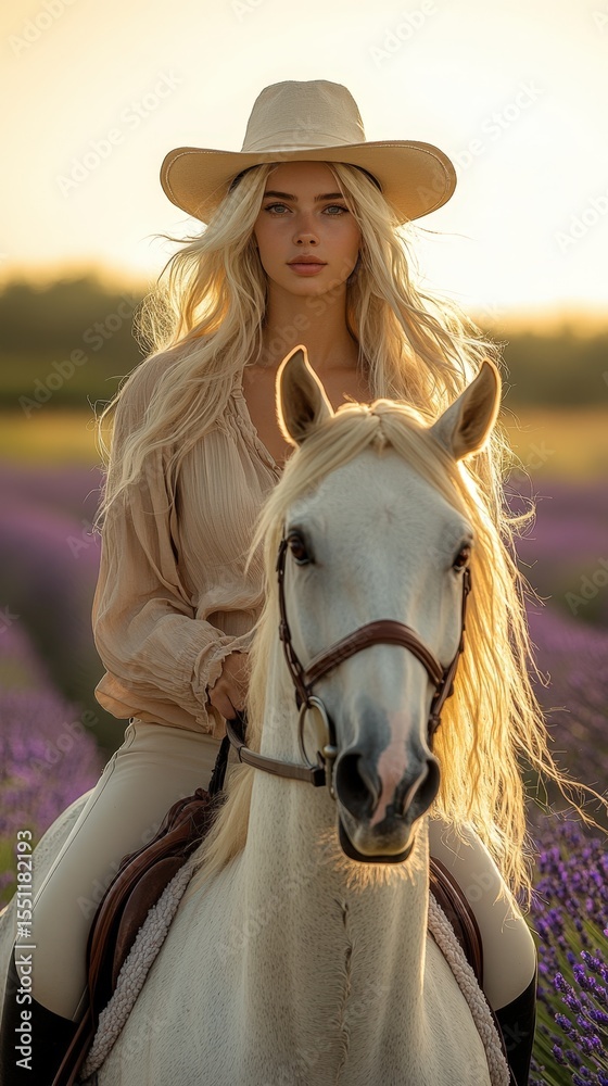 Obraz premium Blonde Cowgirl Riding White Horse in Floral Field at Sunset, Closeup Photo.Fictional Character Created By Generative AI