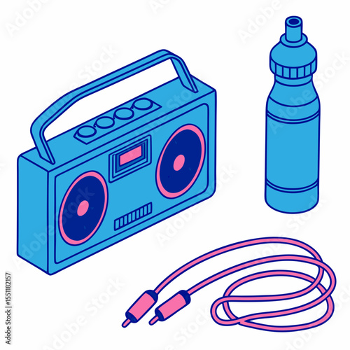 Vibrant isometric fitness essentials boombox, water bottle, skipping rope setup
