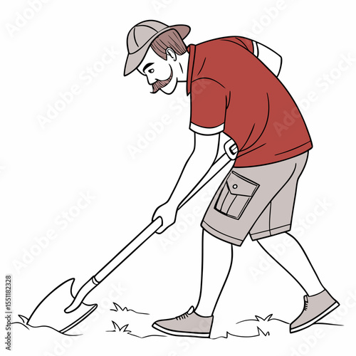 Diligent gentleman excavating with shovel on patch in a sketched illustration