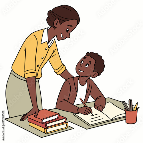 Caring teacher assists young student during schoolwork in a classroom setting