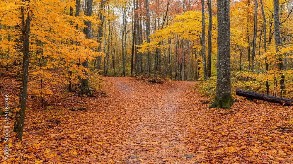 Obraz premium A picturesque autumn woodland path forks, leading through a carpet of vibrant orange and gold leaves under a misty sky. The trees display a rich palette of fall foliage
