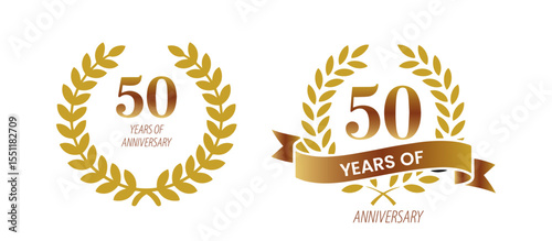 A minimalist black and white logo illustration commemorating "50 Years of Celebrating" set of anniversary logotype style with handwriting golden color for celebration event, wedding, greeting card, an