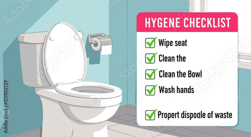 Illustrated Hygiene Checklist with Toilet and Tissue Dispenser in Bathroom Setting